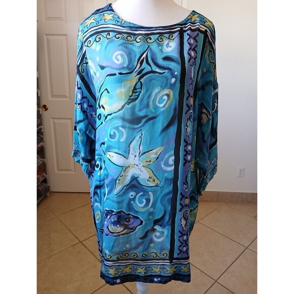 Biya Rated R By Johnny Was Cover Up Tunic Dress OS Blue Sea Life Starfish Boho - Picture 1 of 16